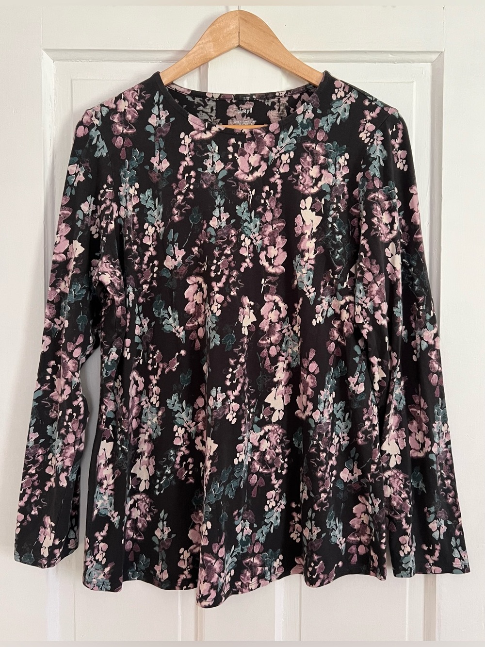 Pure Jill Medium Pima Stretch Cotton Shirttail Tee Floral Long Sleeve Top